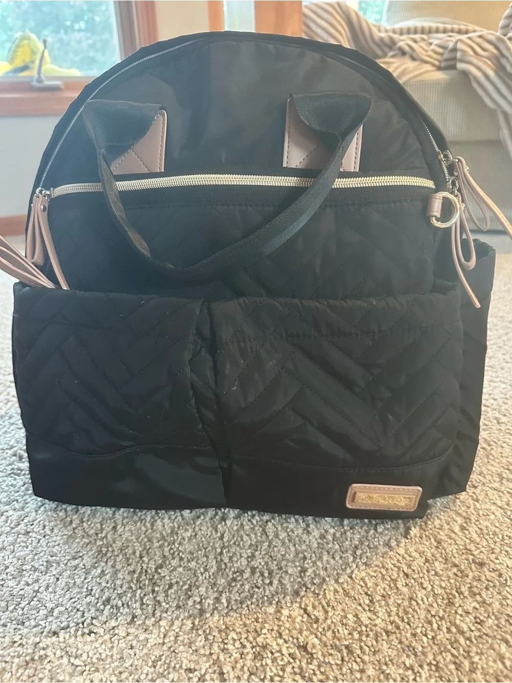 Skip Hop Black Quilted Diaper Backpack with Gold Accents